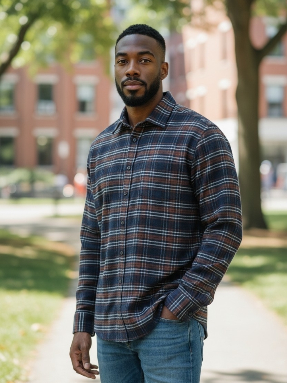 untuckit Men's Plaid Button-Up Shirt in Navy and Brown